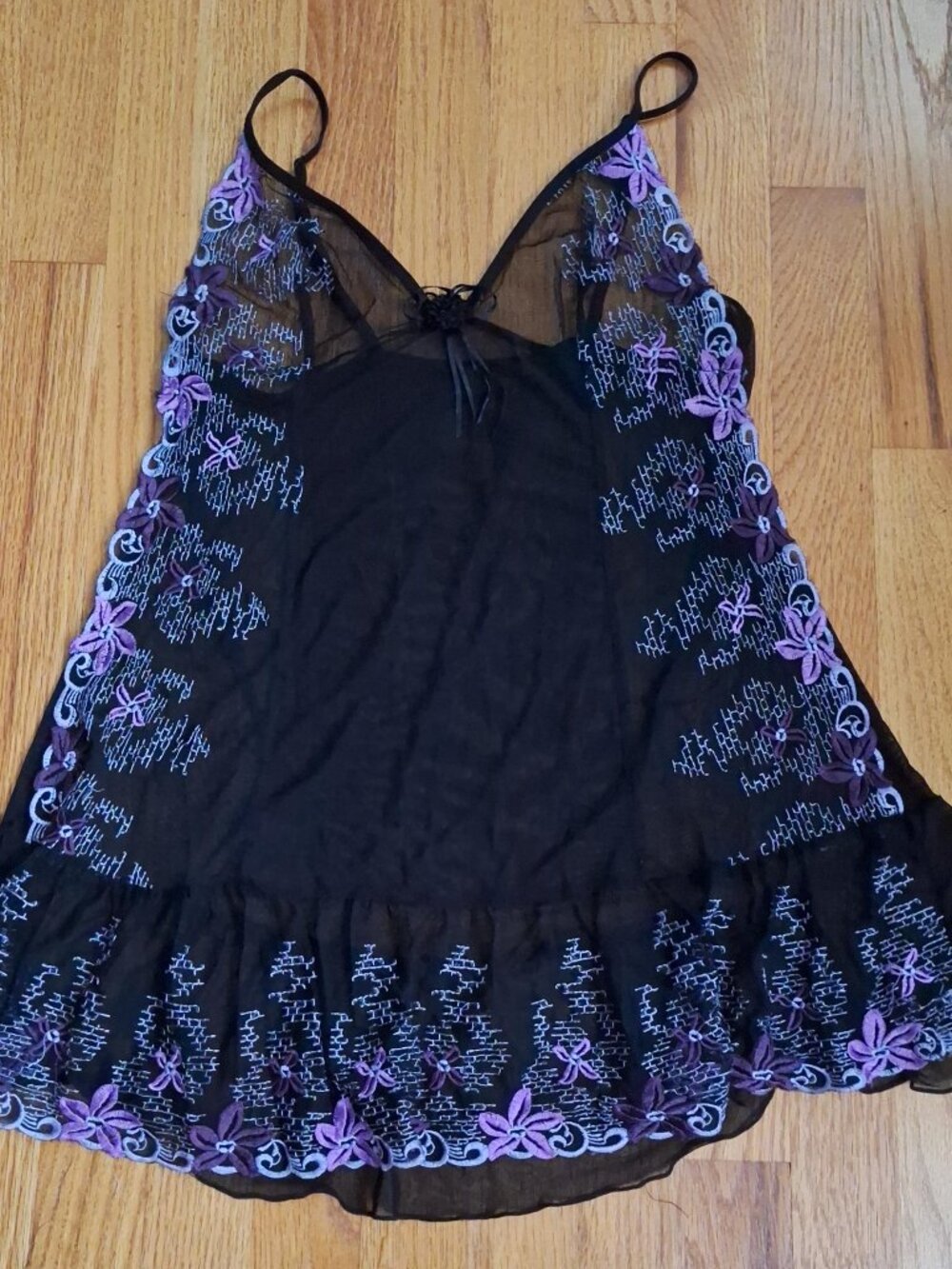 Sheer black babydoll w/beautiful purple/white floral embroidery, great condition